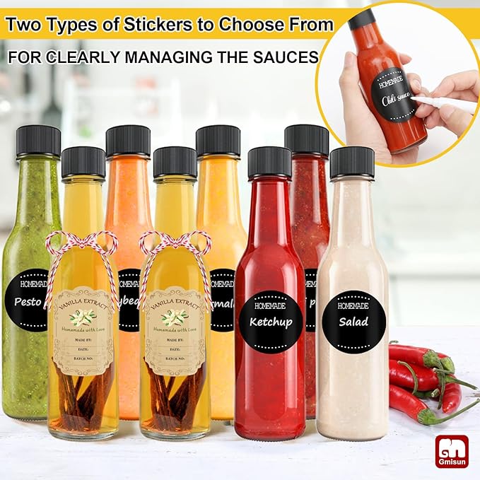 gmisun Hot Sauce Bottles 5 oz, 24 Pack Vanilla Extract Bottles with Shrink Capsules, Glass Woozy Bottle with Labels, Funnel, Caps, Dripper Inserts, for Homemade Hot Sauces, Dressing
