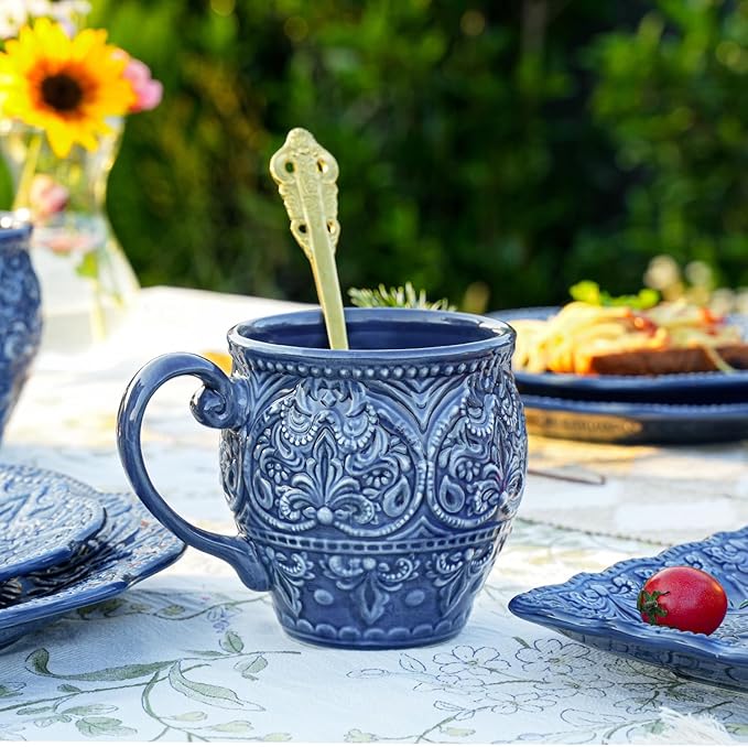 Sungmor Embossed Stoneware Fine Dining Dinnerware, Antique Baroque Style Porcelain Coffee Mugs Set of 2, 18oz Large Water Cups with Handles, Sophisticated Rustic Ceramic Mugs for Tea, Milk or Beer