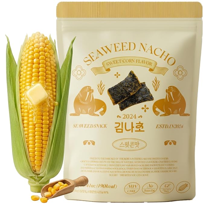 Korean Food Seaweed Nachos (Sweet Corn Flavor), 1.41oz (40g) Low-Sugar, Guilt-Free Asian Snacks, Gluten-Free, Non-GMO Crispy Seaweed Chips, Kim-Bugak
