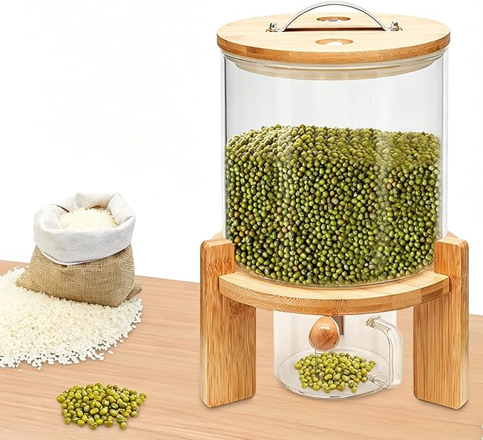 5L Glass Rice Dispenser with Wooden Stand, 1.32 Gal Flour Storage Container, Grain Storage-Bucket Tabletop Cereal Containers w/Manual Venting Valve,Thermometer, Lid, Measuring Cup ﻿ (5L, 1.32Gal)
