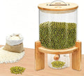 5L Glass Rice Dispenser with Wooden Stand, 1.32 Gal Flour Storage Container, Grain Storage-Bucket Tabletop Cereal Containers w/Manual Venting Valve,Thermometer, Lid, Measuring Cup ﻿ (5L, 1.32Gal)