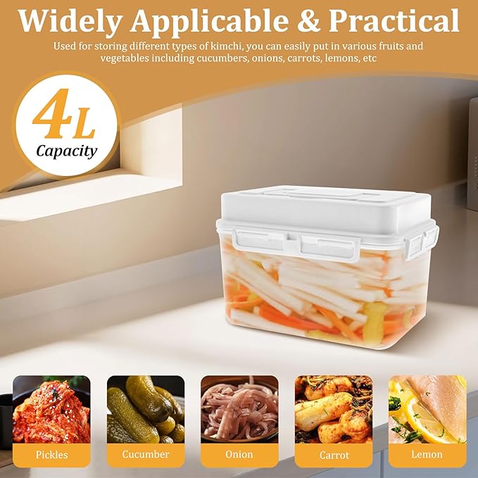 Press Plate Leakproof Airtight Pickle Kimchi Container, Press Plastic Fermentation Container, 4L Food Storage Box w Hidden Handle, Portable Mason Jar, Clear Sauerkraut Press Container for Home Kitchen
