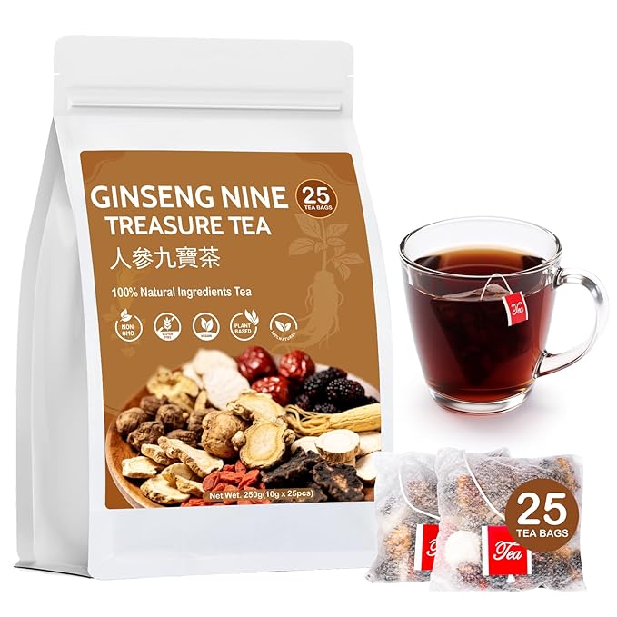 Ginseng Nine Treasure Tea, Natural Chinese Herbal Kidney Cleanse Detox Tea Support Liver & Kidneys Health for Men Women, No Additives, Caffeine Free, 10 Premium Ingredients Blend (25 Bags/1 Pack)