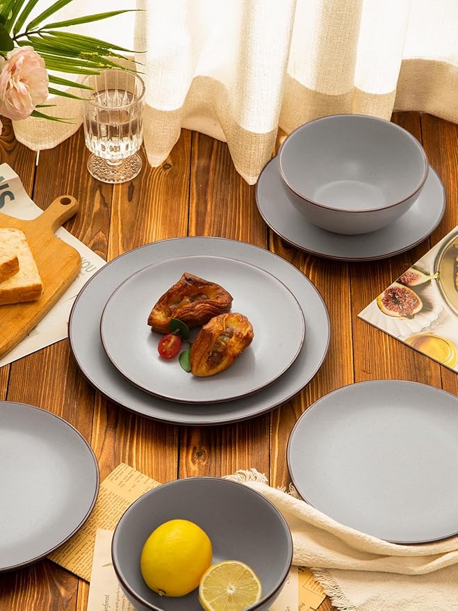 Famiware Venus Plates and Bowls Sets with Trim, 12 Pieces Speckled Stoneware Dishes Dinnerware Set for 4, Matte Light Gray - Microwave & Dishwasher Safe, Modern Minimalist, Everyday & Formal Dining
