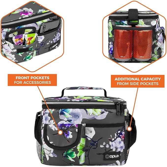 opux Insulated Lunch Box for Men Women Kids, Leakproof Reusable Lunch Bag Cooler for Work School Office, Soft Thermal Lunchbox Tote with Shoulder Strap for Boys Girls Adults, Floral Grey, 14 Can/8L
