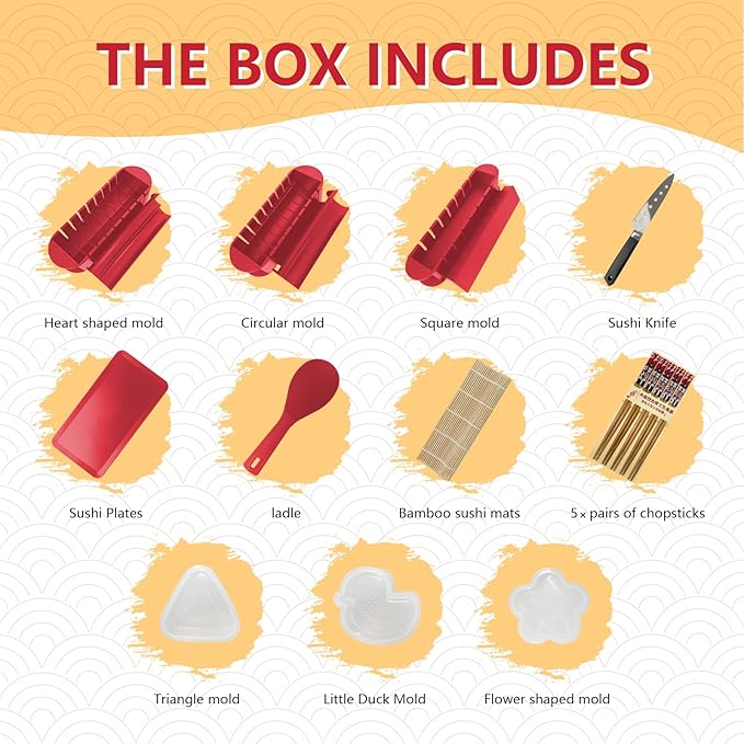 HI NINGER Sushi Maker Set, 24-piece sushi maker kit for beginners to make their own sushi. Can be used as a sushi plate with rice roll molds, knife, sushi plate,sushi rolling mat (red)