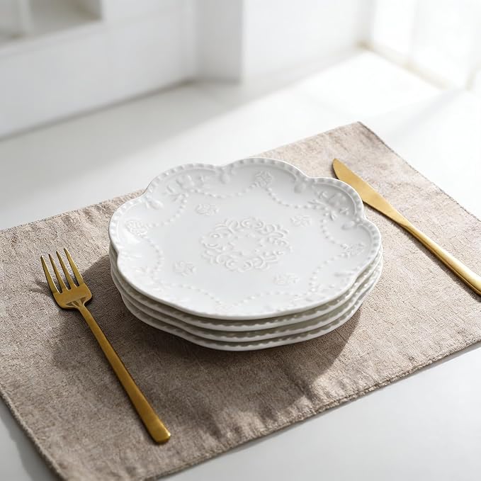 Gaolinci European Palace Series Lace Embossed Ceramic Dinner Plate (Set of 4)