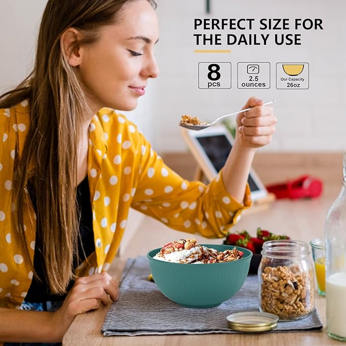 PYRMONT Unbreakable Cereal Bowl 26 OZ Alternative Plastic Bowls Reusable Wheat Straw Bowls Set of 8 Dishwasher & Microwave Safe Rice Bowls for Kitchen,RV,Travel Dish Sets for Food,Fruit-Colorful