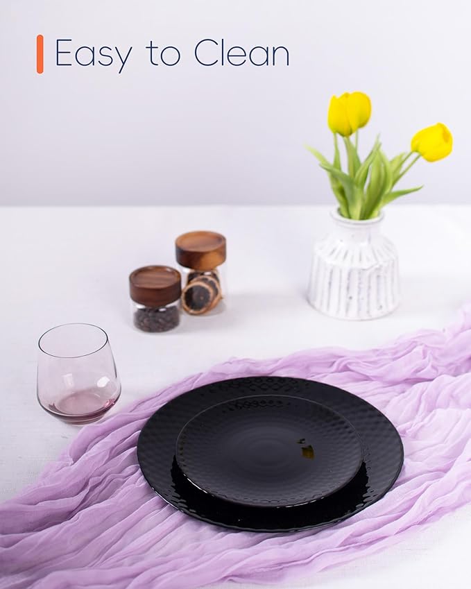 LaGlint 8.5 inch Salad Plate Set of 6, Opal Glass Round Geometric Faceted Small Black Plates for Dessert, Kitchen, Dishwasher and Microwave Safe