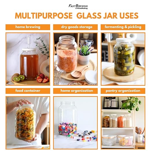 FastRack 1 Gallon Mason Jar with White Airtight Lid | Regular Glass Canisters with Airtight Lids | Large Mouth Glass Jar for Food Storage, Canning, Fermentation, Pickling