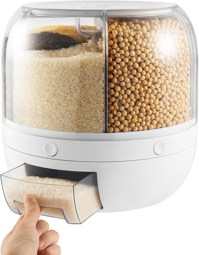 Grain Storage Container Dispenser, 6 Grids Rice Dispenser Rotating, 360° Rotating Food Dispenser One-Click Output Rice Storage Round Grain Dispenser Kitchen for Small Grains, Beans, Rice