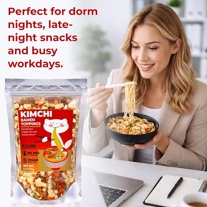 Dried Kimchi Ramen Toppings 6oz - 5 Ingredients Korean-Style Dehydrated Vegetable Mix, Vegan, No MSG, Preservative Free, Dried Vegetables for Instant Ramen Noodles, Soup (170g)