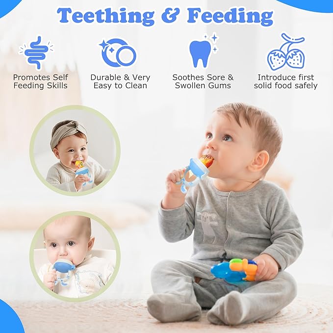 Baby Fruit Feeder Pacifier- 3 Pack | Infant Food Feeder Pacifier & Baby Food Dispensing Spoon | Mesh Fresh Fruit Teethers for Babies | Shower Gifts for Boys and Girls (Sky Blue)