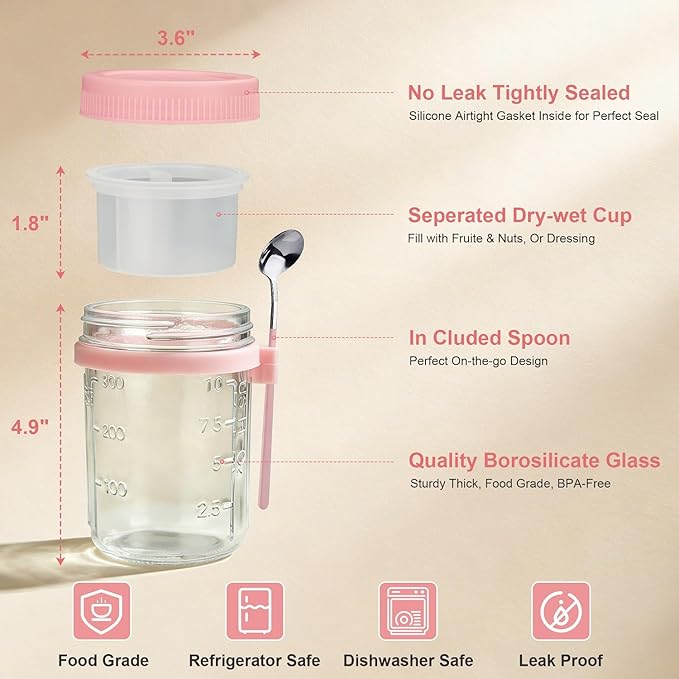 6 Pack Overnight Oats Containers with Lids and Spoon - 16 oz Glass Mason Jars with Separate Compartments Leakproof Chia Pudding Salad Yogurt Parfait Cups for Oatmeal Cereal Meal Prep (Pink)