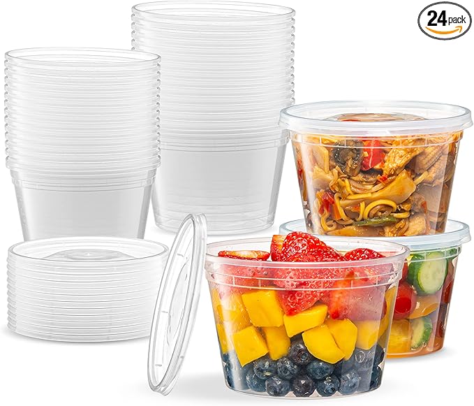 ELEGANT DISPOSABLES 16 OZ - 24 Sets Plastic Deli Food Storage Containers with Airtight Flexible Lids Microwavable, Leak Free, Washable, Freezer Safe.