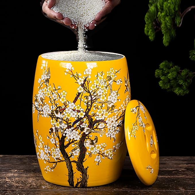 Large Ceramic Jar For Rice Ceramic Rice Bucket Ceramic Rice And Grain Storage Container With Lid Rice Containe Rice Storage Bins Rice Storage Box for Flour/Coffee/Nuts/Tea Moisture-Proof(Yellow,Capaci