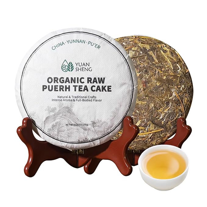 YUANSHENG Organic Raw Puerh Tea, Aged Fermented Organic Pu-erh tea, Natural Yunnan Ancient Tree Pu erh Tea whit Sweet and Smooth Flavor, No Fishy, 5.29 Oz