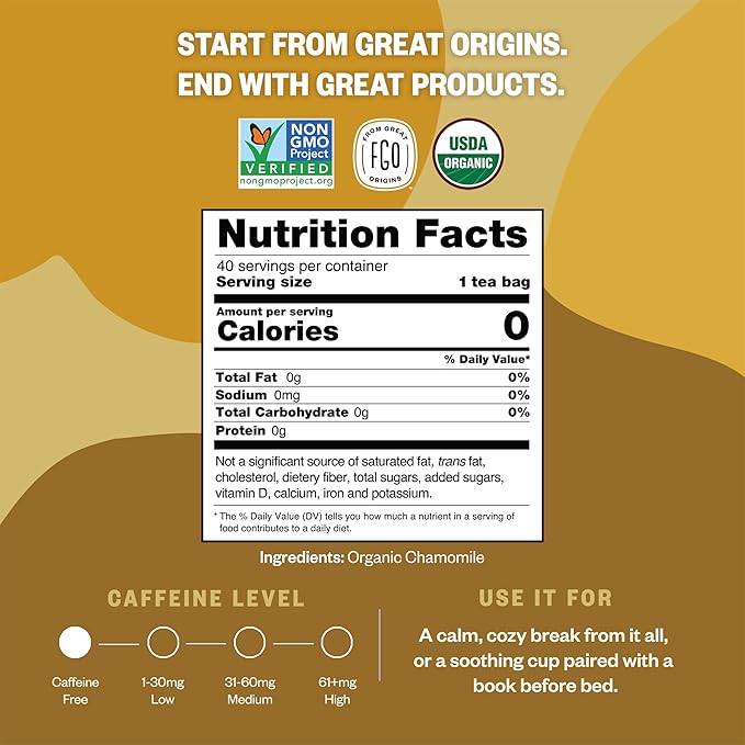 FGO Organic Chamomile Tea, 40 Count, Eco-Conscious Tea Bags, Resealable Bag (Pack of 1)