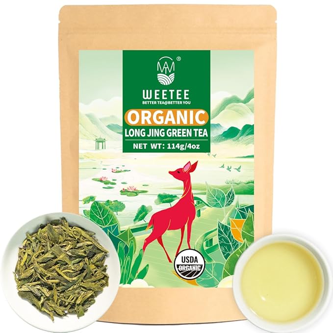 WT WEETEE Organic Longjing Green Tea, Organic Dragonwell Tea Loose Leaf 4oz (114g), Natural Bean Aromatic Lung Ching Dragon Well