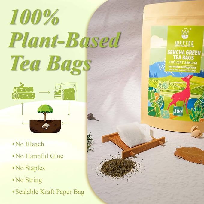 WT WEETEE Sencha Green Tea Bags 100 Count, Unique Roasted Rice Aroma, Non-Bitter & Refreshing Steamed Green Tea, Natural Caffeine & Antioxidant, Good for Hot Iced Cold