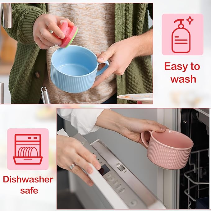 Nuenen 2 Pcs Soup Bowls with Lids and Handles 30 oz Microwave Safe Ceramic Soup Mug Microwavable Ramen Containers with Lids Large Colorful Cups for Noodle Cereal kitchen(Baby Blue, Pink)
