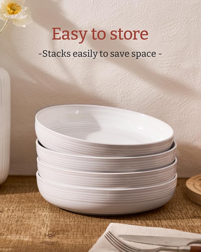 famiware Milkyway 33 oz Bowl Set, Pasta Bowls Set of 8, Salad Bowls, Double Reactive Glaze, Sturdy & Stackable, Ideal for Housewarming, Festivals, White Thread