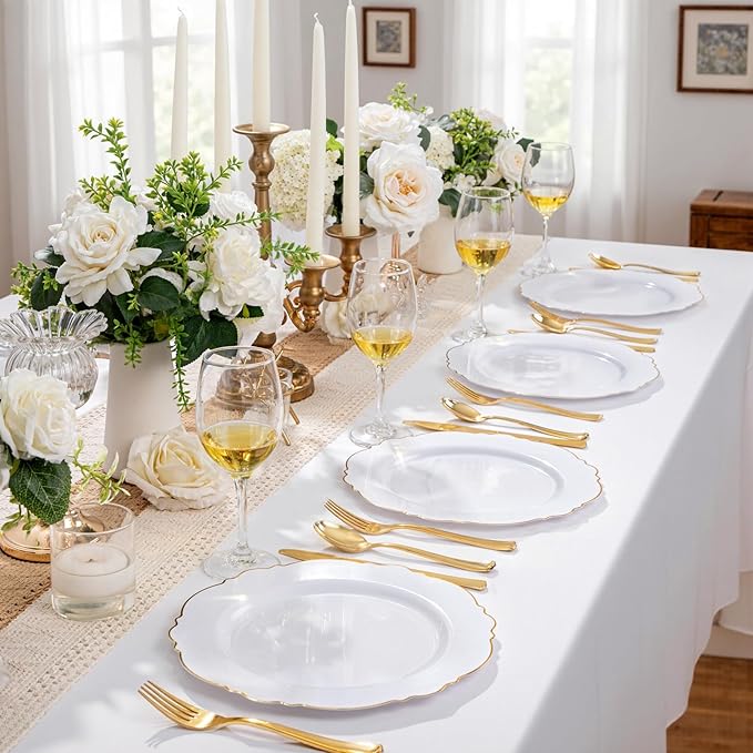 WDF 60pcs Gold Plastic Dinner Plates -10.25inch Baroque White and Gold Plates Fancy Plastic Plates for Upscale Party/Wedding/Birthday
