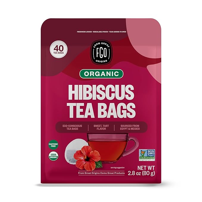 FGO Organic Hibiscus Herbal Tea, 40 Count, Eco-Conscious Tea Bags, Caffeine Free (Pack of 1)