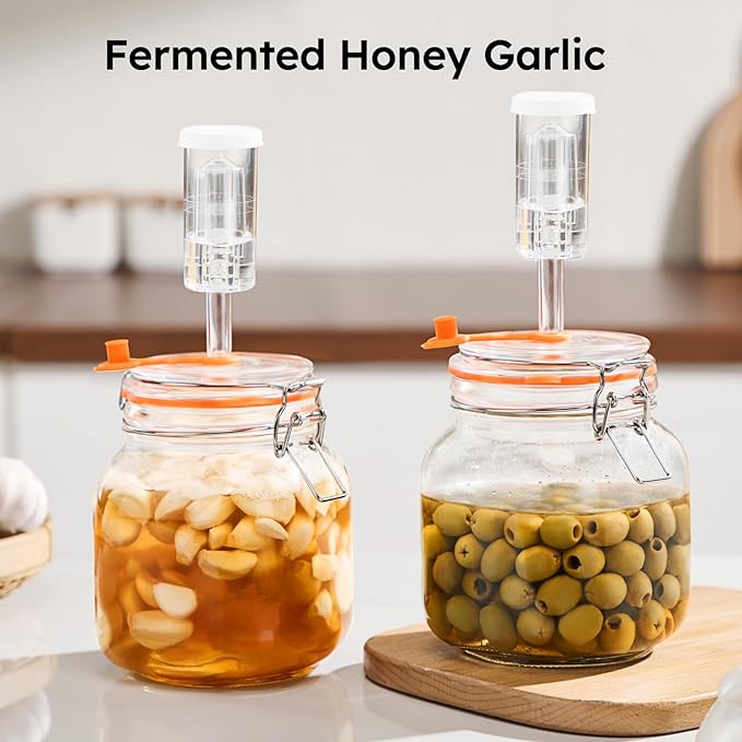 JILLMO 1 Liter Fermentation Jar, Square Glass Fermenting Kit for Making Sauerkraut, Hot Sauce, Mead, Cider and More, Pack of 2