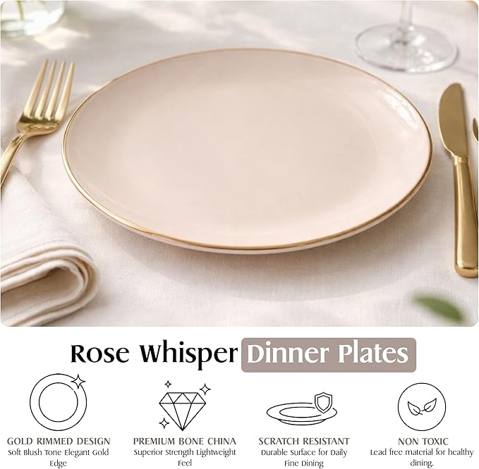 Rose Whisper Dinner Plates Set for 6 – 10.5-Inch Blush Bone China Dinnerware Set with Gold Rim – Perfect Serving Plate for Dessert, Appetizer, Salads