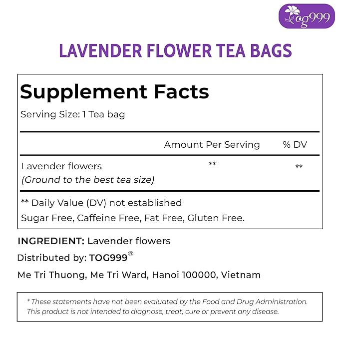 TOG999, Premium 120 Lavender Flower Tea Bags, 100% Natural & Pure. Loose Flower Lavender Herbal Tea. No Sugar, No Caffeine, No Gluten, Vegan.