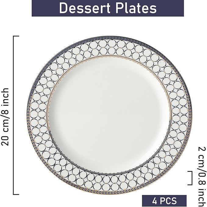 CwlwGO-Bone China Dinner Plates Set of 4, Lace Dishes Set for Salad, Pasta, Dessert, Dinnerware Dishset for Kitchen, Not Suitable for Microwave (8 Inch)