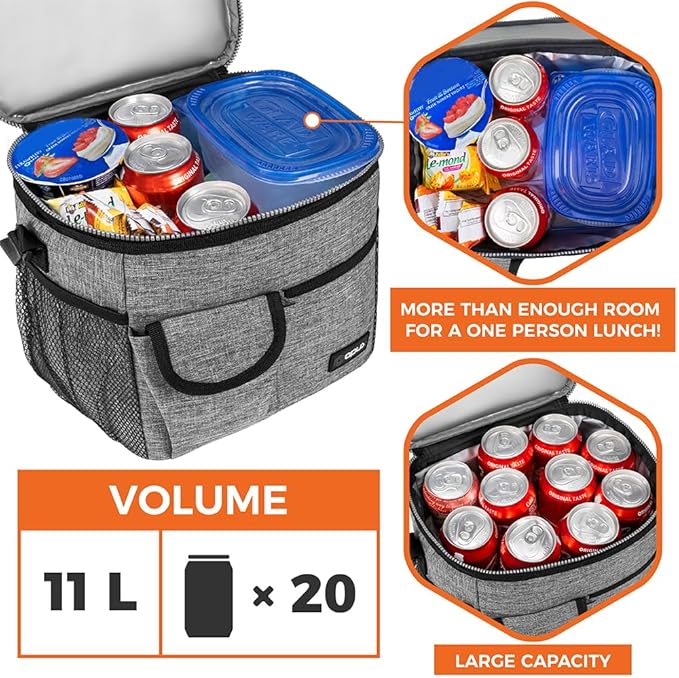 opux Insulated Lunch Box for Men Women Kids, Leakproof Reusable Lunch Bag Cooler for Work School Office, Soft Thermal Lunchbox Tote Shoulder Strap for Boys Girls Adults, Heather Gray, 18 Can/10L