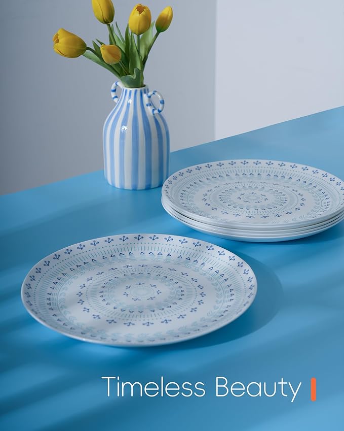LaGlint 10.5 inch Dinner Plate Set of 6, Lightweight Round Opal Glass Dinnerware Plates, Dishwasher and Microwave Safe, Navy Geometric Floral Mandala Pattern