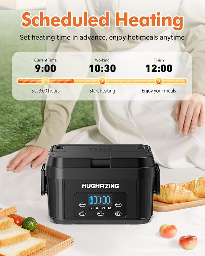 Hugmazing Cordless Electric Lunch Box for Adults, Men & Women – Rechargeable Self-Heating Food Warmer with 1.2L SS Container, Battery-Powered Heated Lunch Box, Perfect for Work and Travel Use