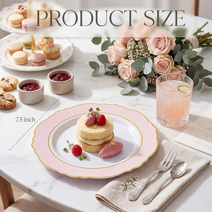 WDF 60pcs Pink Dessert Plates - 7.5inch Baroque Pink and White Disposable Dessert Cute Cake Plates for Upscale Parties &Wedding-Special for Baby Shower, Brithday, Tea Party
