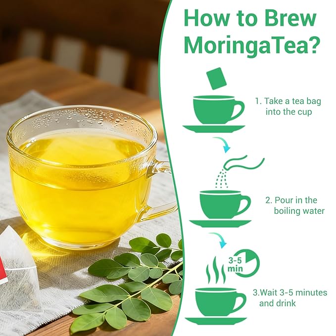 Moringa Tea, 100% Pure & Natural Moringa Leaves Herbal Tea Bags, Supporting Digestion & Immune System, Additive Free, Sugar Free, Non-GMO (50 Bags/1 Pack)