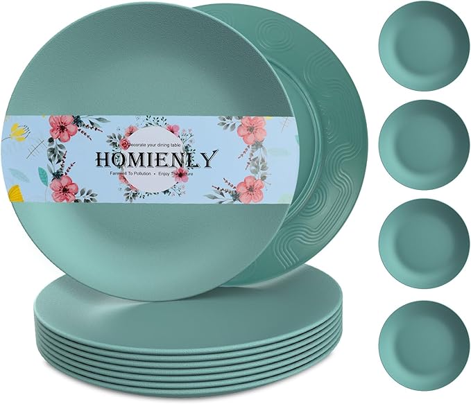 Homienly Flat Dinner Plates Set of 8 Alternative for Plastic Plates Microwave and Dishwasher Safe Wheat Straw Plates for Kitchen Unbreakable Kids Plates(Green, 10 inch)