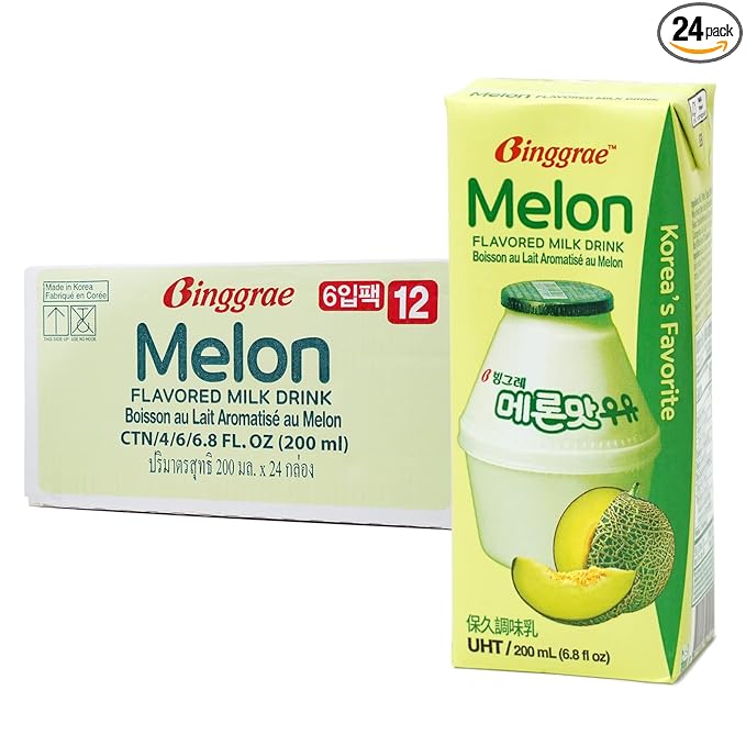 Binggrae Melon Flavored Milk Drink – Sweet and Creamy Korean Shelf-Stable Beverage – 6.8 fl oz Cartons – Pack of 24