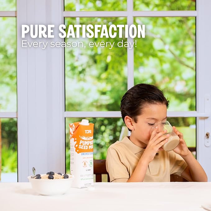 Tori Pumpkin Seed Milk, Unsweetened – Only 30 Calories, 0g Sugar | Plant-Based, No Emulsifiers, No Artificial Ingredients | Rich in Iron, Zinc & Magnesium | Keto & Whole30 Friendly | 32 fl oz (6 Pack)