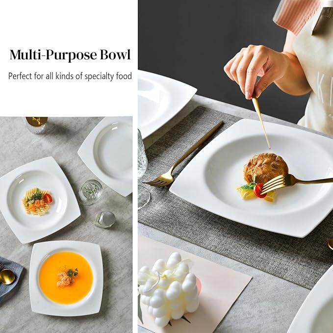 Fine Bone China Square Salad Plates Set of 6-9.25 Inch White Ceramic Stackable Dinner Plates, Oven & Dishwasher Safe for Formal/Casual Dining