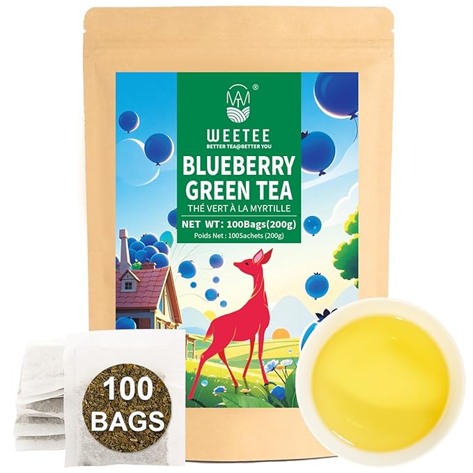WT WEETEE Blueberry Green Tea Bags (100 Count) - Premium Smooth Green Tea with Rich Berry Aroma - Zero Sugar & Zero Calories - Perfect for Hot & Iced Tea