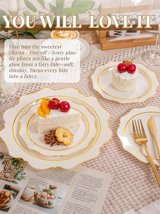 WDF 100PCS Ivory Plastic Plates with Gold Rim - Cream Plastic Plates - Include 50 Dinner & 50 Dessert Fancy Disposable Plate for Party - Heavy Duty Beige Plate for Baby Shower/Wedding
