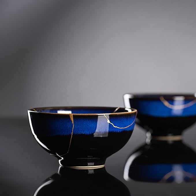 Authentic Kintsugi Bowl with Genuine 24K Gold, Handcrafted Japanese Wabi Sabi Zen Decor, Deep Blue Ceramic, Healing and Resilience Gift