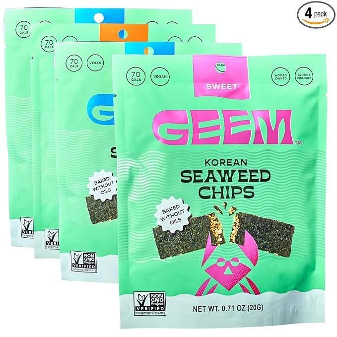 GEEM Seaweed Snacks – Korean Seaweed Chips with Rice Crisps & Sesame | Crunchy, Oil-Free Snack | Vegan, Non-GMO | Great for Kids & Adults | Variety 4-Pack