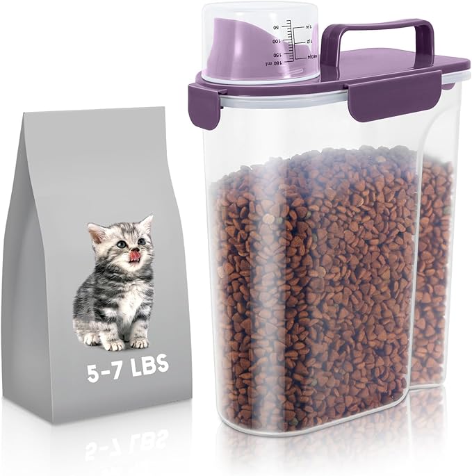 LEAWALK 5Lbs/6Qt Airtight Pet Storage Container Translucent Body, Upgraded Large Nozzle With Handle Design For Cat Dog Bird Food and for Small Animal Kibble, Oatmeal, Rice, Flour, Brown Sugart-Purple