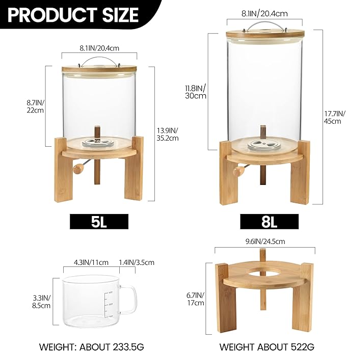 Rice Dispenser, Rice Storage Container：Flour and Cereal Container with Airtight Lid and Wooden Stand, Glass Food Storge Container for Kitchen Organization and Pantry Store (8L)