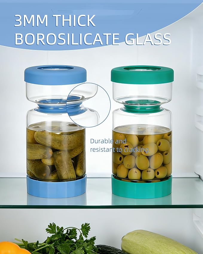 ZENS Pickle Jar with Strainer Flip, 37 oz Hourglass Pickle Juice Separator Container, Airtight Leakproof Lid, 2 Pack Pickling Jars for Olive, Jalapeno Container-Dual Wet-Dry Design