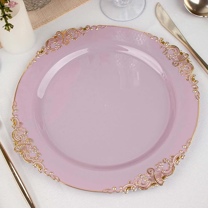 Efavormart 10 Pack | 10" Lavender and Gold Baroque Dinner Plates, Leaf Embossed Metallic Rim Heavy Duty Serving Plates for Whimsical Weddings