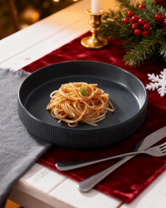 famiware Star 7.5" Pasta Bowls Set, Salad Bowl Set of 6, Double Reactive Glaze, Stackable, Perfect for Your Friend for Housewarming, Thanksgiving, Christmas, Matte Dark Charcoal (Full Glaze)